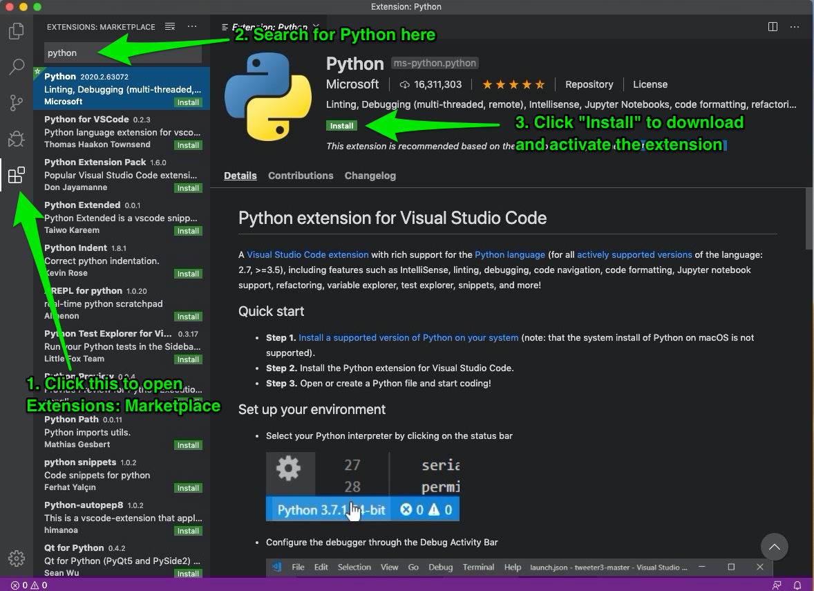 Installing Python from the Extensions Marketplace